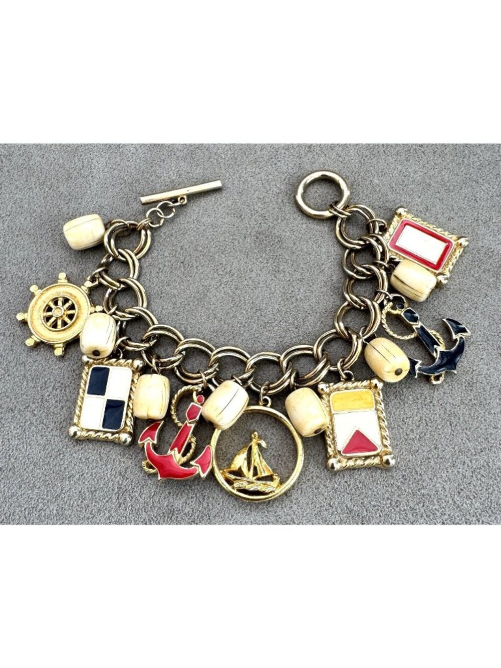 Vintage Nautical Sailing CHARM BRACELET Enamel Wheel Anchor Flag 24K GP BEN-AMUN